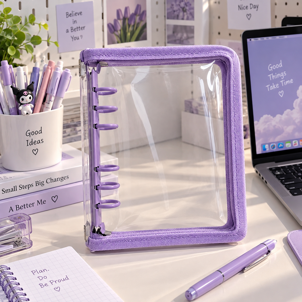 Transparent 6-Ring Zipper Binder, 5 Colors Available
