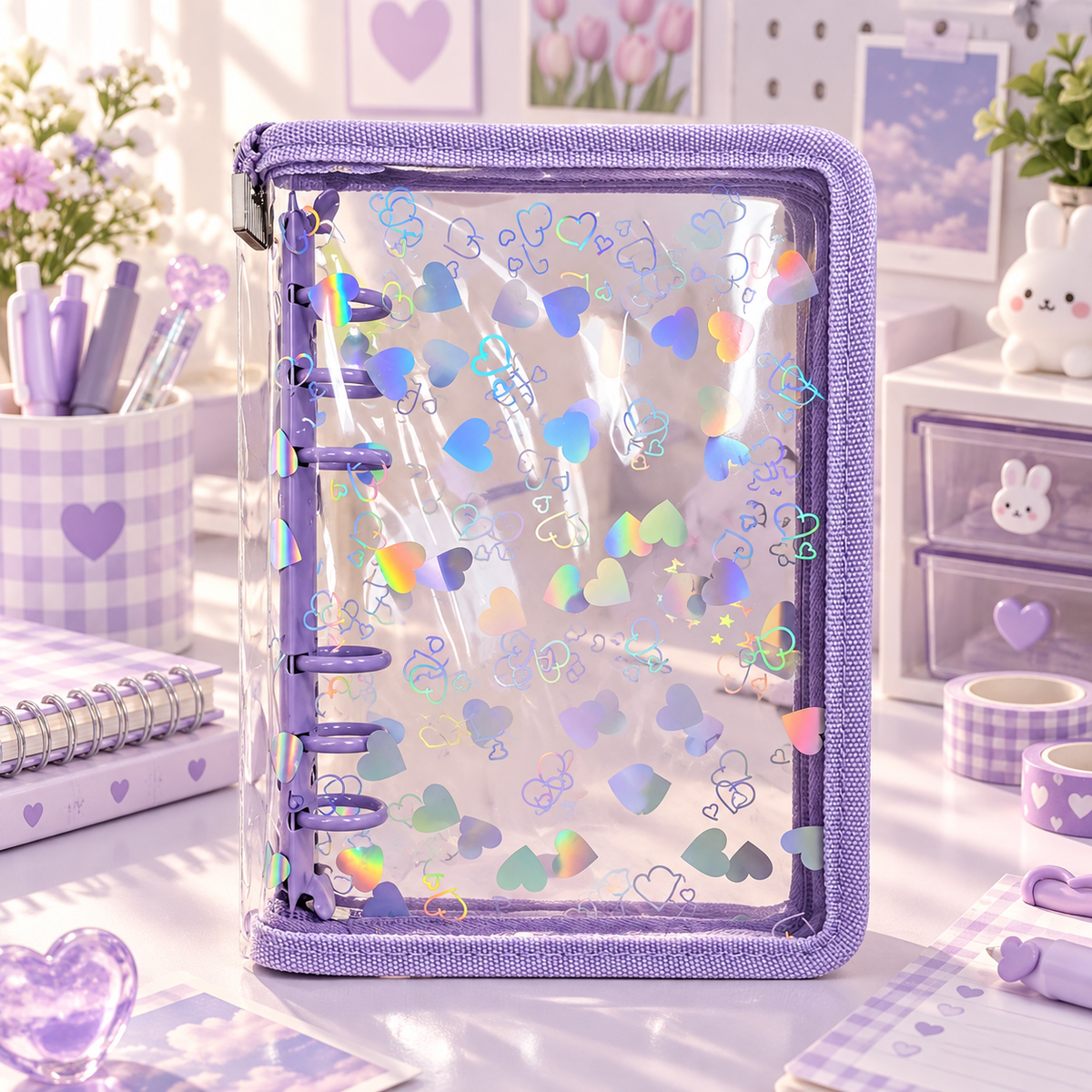 Holographic 6-Ring Zipper Binder