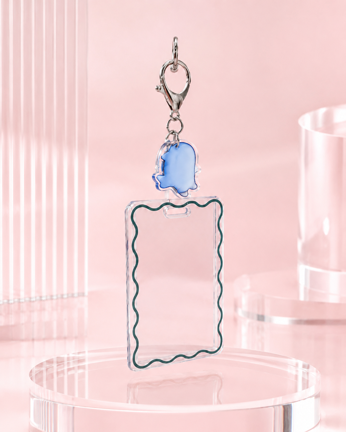 Cute Acrylic ID Card Badge Holder with Ghost Charm Keychain, Clear Wave‑Border Card Protector for Credit Card & Student ID