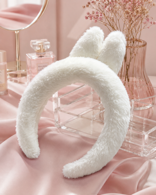 Fluffy Plush Bunny Ear Headband, Soft Cute Spa Hair Band for Skincare Makeup Shower