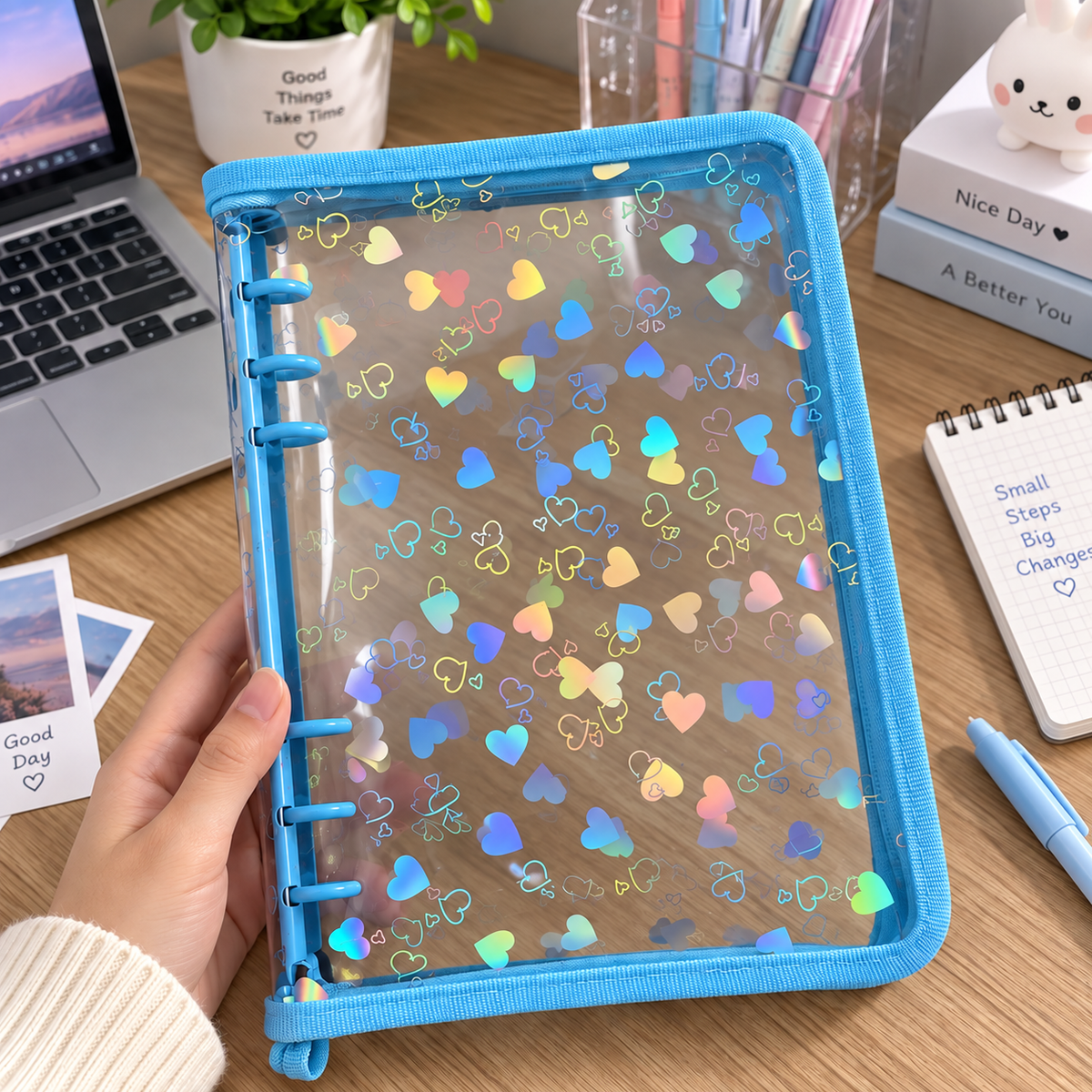 Holographic Clear Zipper Binder, 6-Ring Loose Leaf Notebook Cover