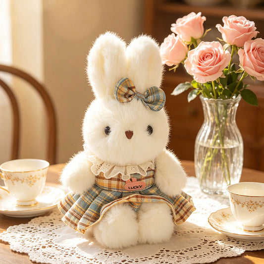 Cottage‑Style Plush Bunny Stuffed Doll, Cute Plaid‑Outfit Rabbit Plush Toy for Decor & Gifting