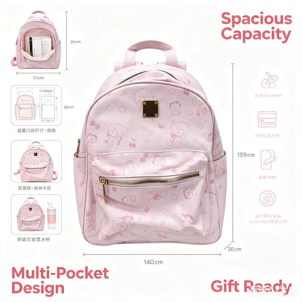 Pink Cartoon Backpack – Cute Character Print School Backpack for Students