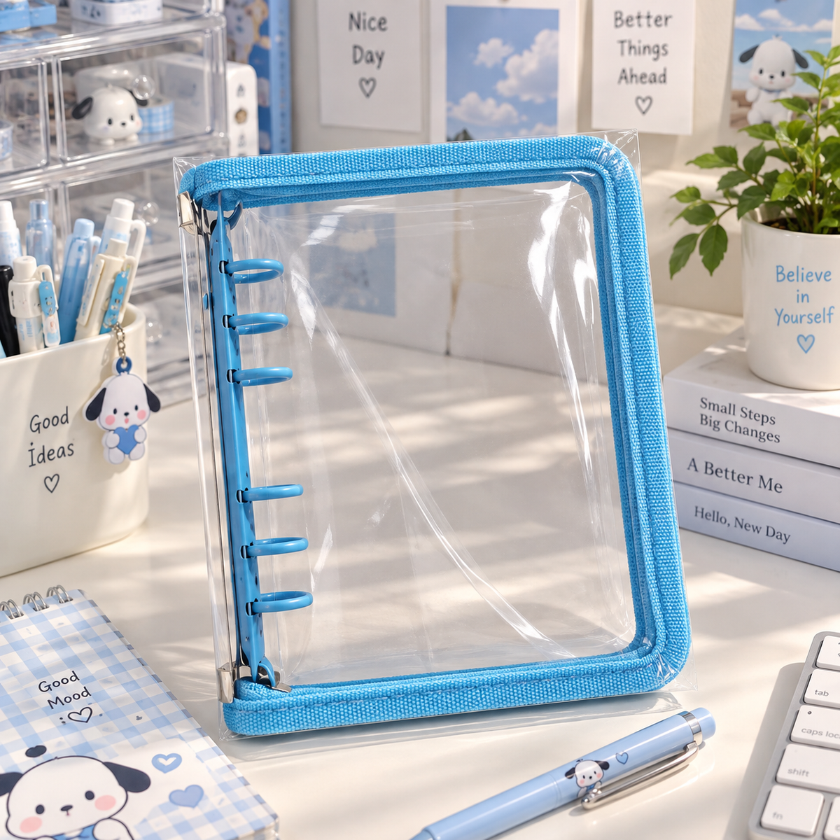 Transparent 6-Ring Zipper Binder, 5 Colors Available
