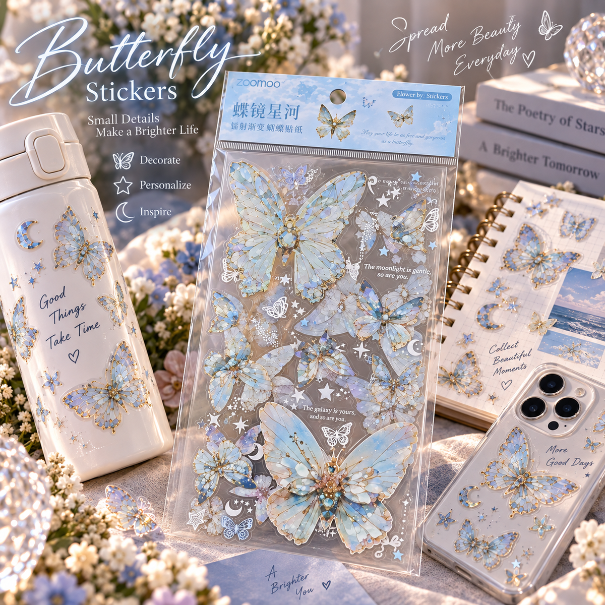 4 Styles Foil Butterfly PET Stickers
