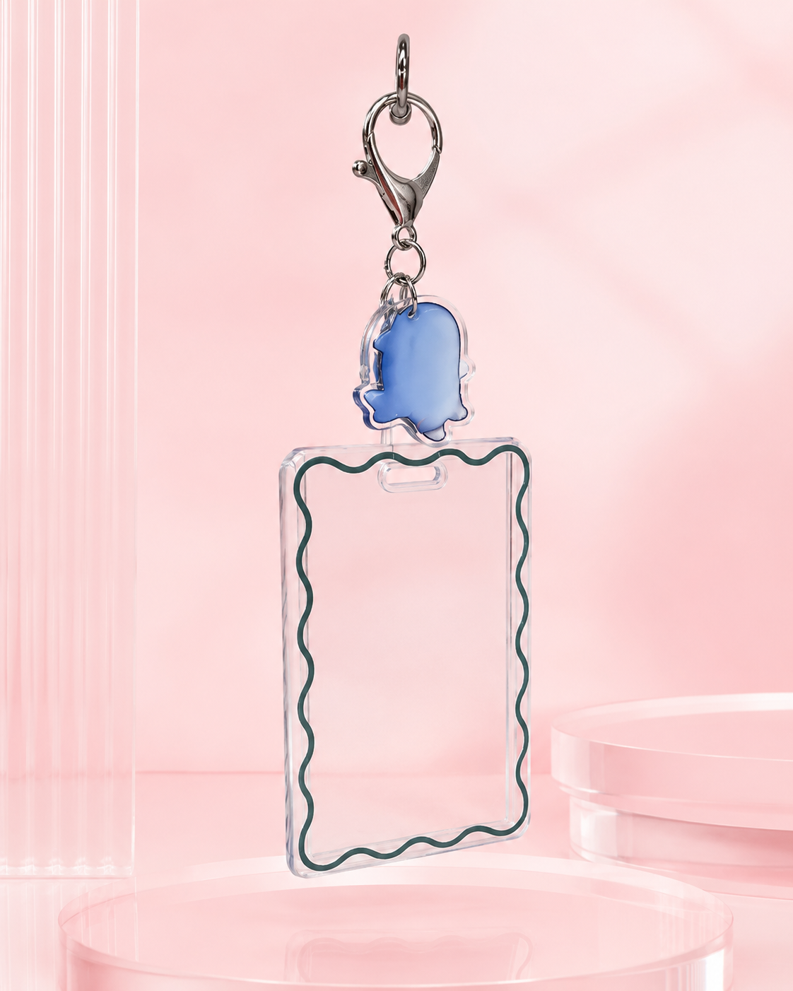 Cute Acrylic ID Card Badge Holder with Ghost Charm Keychain, Clear Wave‑Border Card Protector for Credit Card & Student ID
