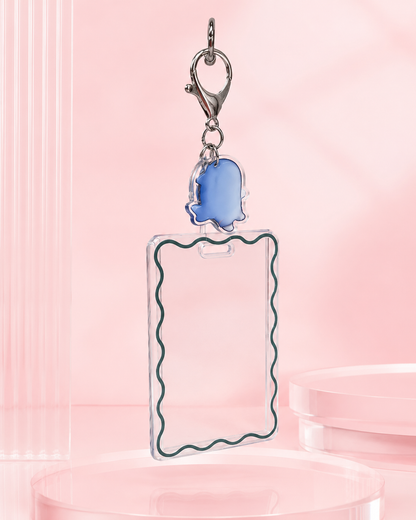 Cute Acrylic ID Card Badge Holder with Ghost Charm Keychain, Clear Wave‑Border Card Protector for Credit Card & Student ID