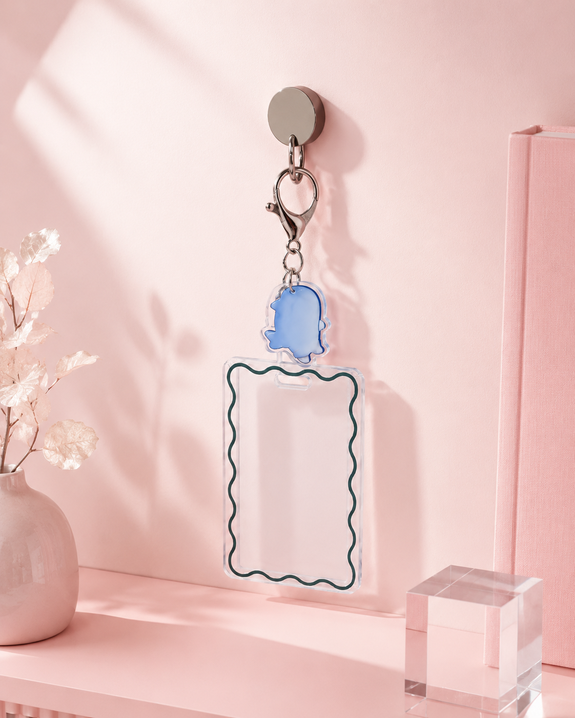 Cute Acrylic ID Card Badge Holder with Ghost Charm Keychain, Clear Wave‑Border Card Protector for Credit Card & Student ID