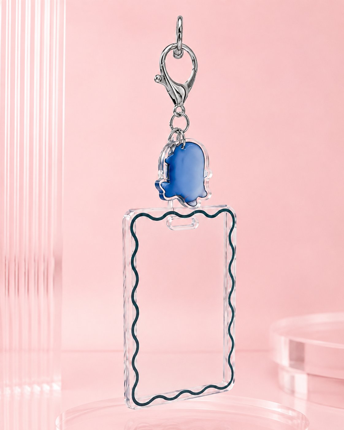 Cute Acrylic ID Card Badge Holder with Ghost Charm Keychain, Clear Wave‑Border Card Protector for Credit Card & Student ID