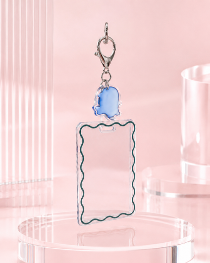 Cute Acrylic ID Card Badge Holder with Ghost Charm Keychain, Clear Wave‑Border Card Protector for Credit Card & Student ID