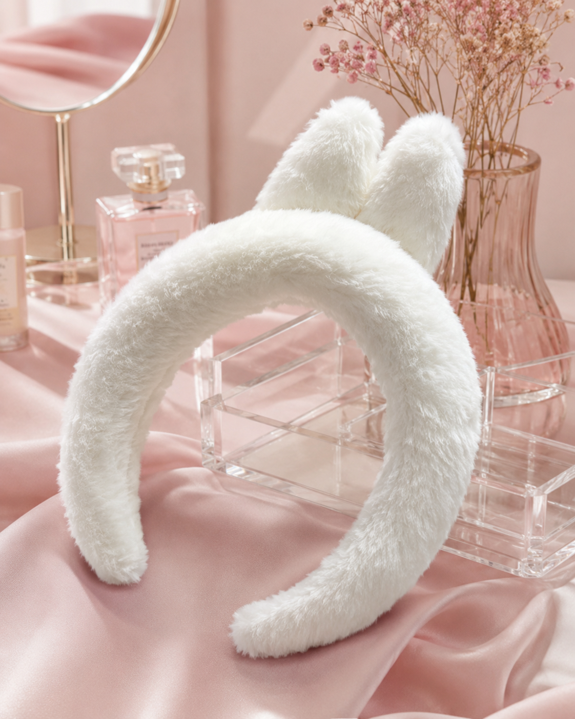 Fluffy Plush Bunny Ear Headband, Soft Cute Spa Hair Band for Skincare Makeup Shower