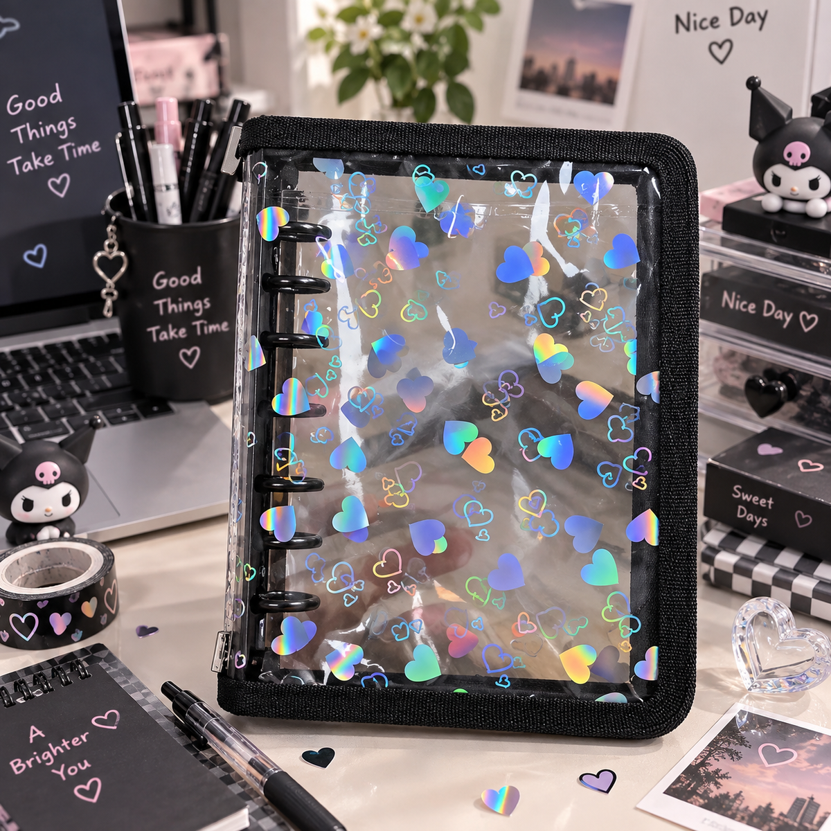 Holographic 6-Ring Zipper Binder
