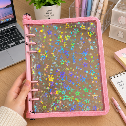 Holographic Clear Zipper Binder, 6-Ring Loose Leaf Notebook Cover