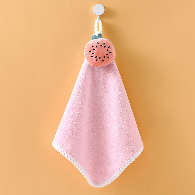 Cute Fruit Hanging Hand Towel, Soft Absorbent Coral Fleece Kitchen Bathroom Hand‑Drying Towel with Loop