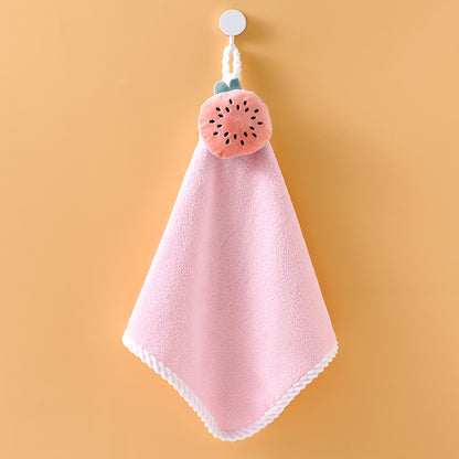 Cute Fruit Hanging Hand Towel, Soft Absorbent Coral Fleece Kitchen Bathroom Hand‑Drying Towel with Loop