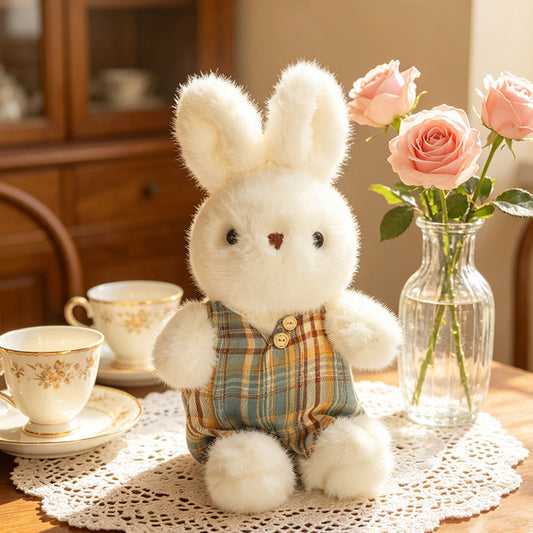Cottage‑Style Plush Bunny Stuffed Doll, Cute Plaid‑Outfit Rabbit Plush Toy for Decor & Gifting