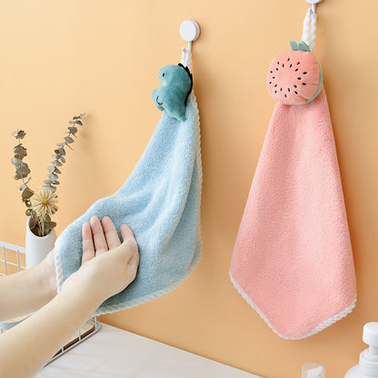 Cute Fruit Hanging Hand Towel, Soft Absorbent Coral Fleece Kitchen Bathroom Hand‑Drying Towel with Loop