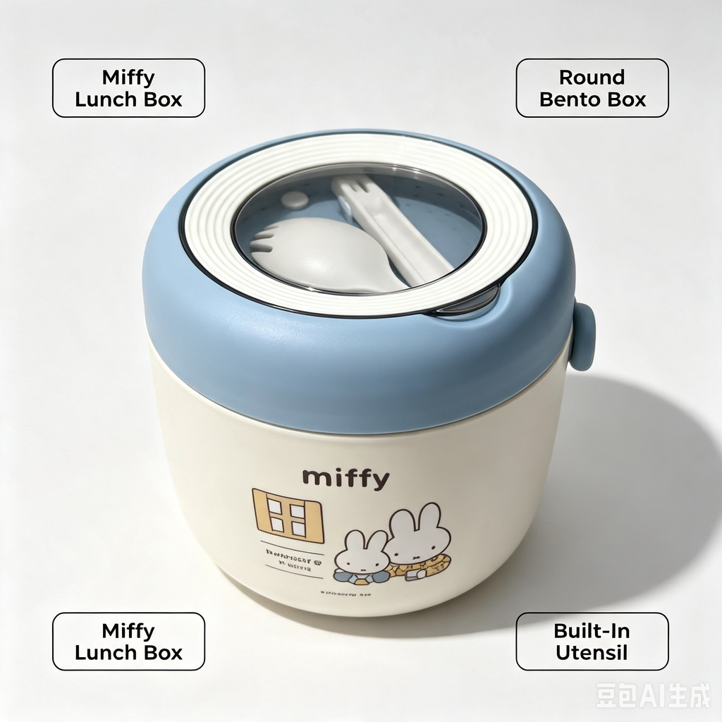 Miffy Round Lunch Box – Blue White Portable Bento Box with Built-In Utensil