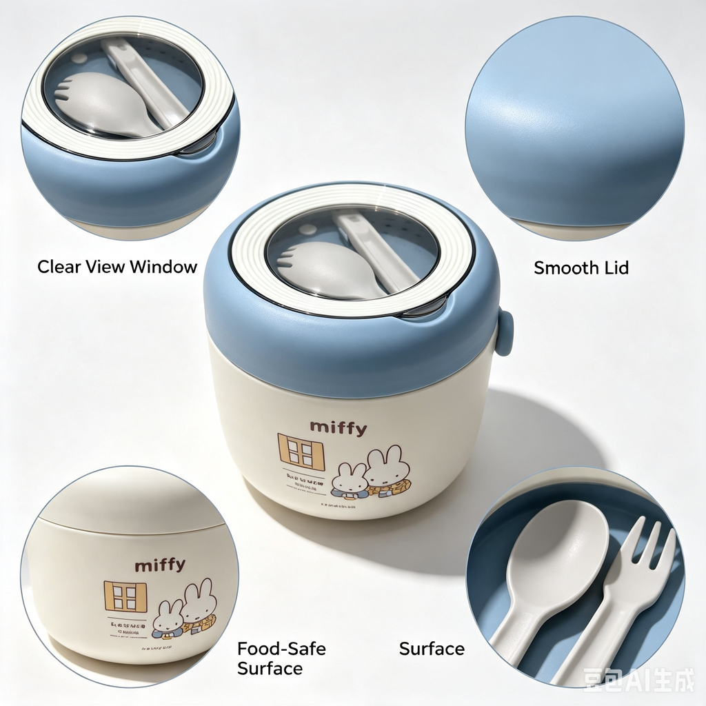 Miffy Round Lunch Box – Blue White Portable Bento Box with Built-In Utensil