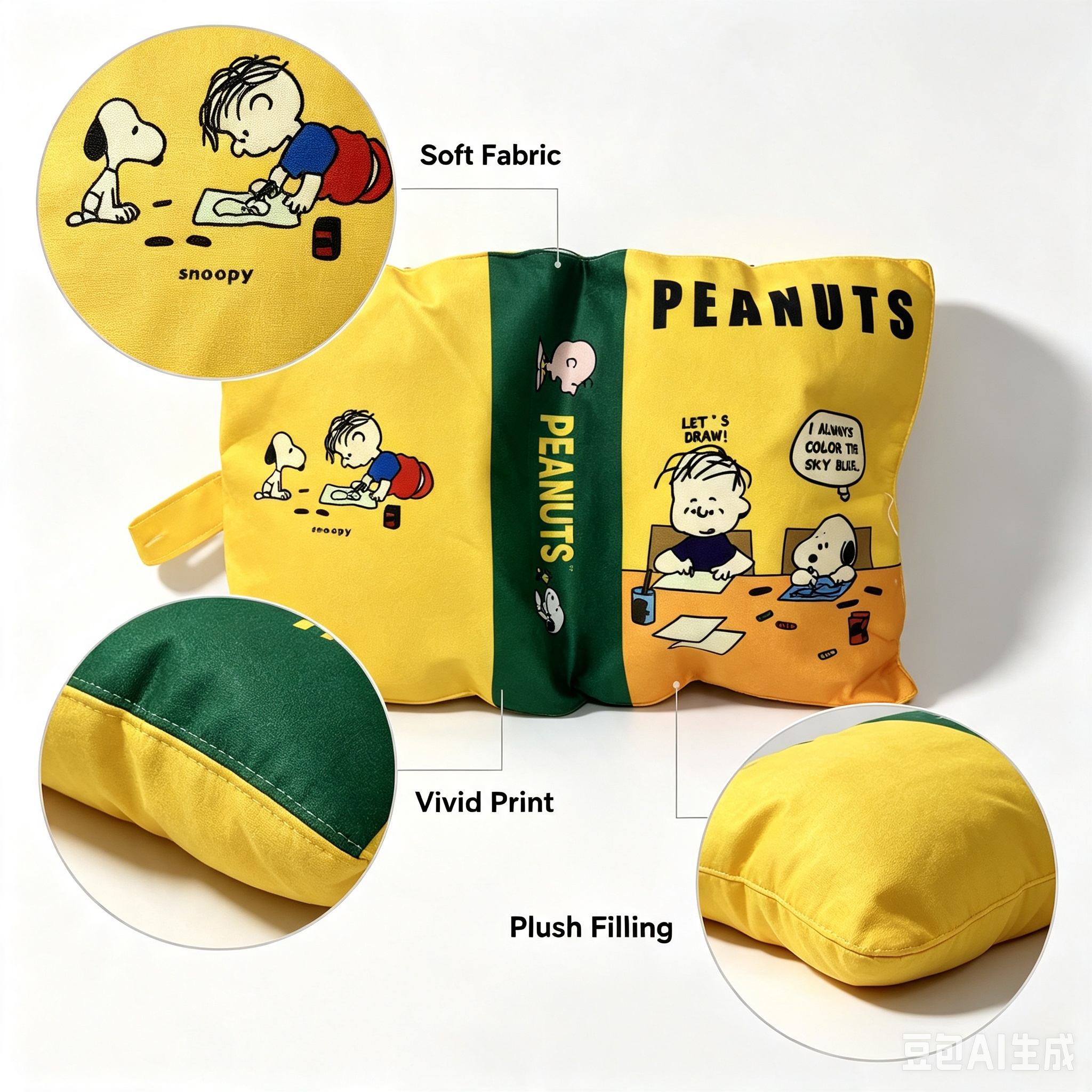 PEANUTS Portable Travel Pillow – Yellow Cartoon Print Soft Nap Pillow with Carry Handle