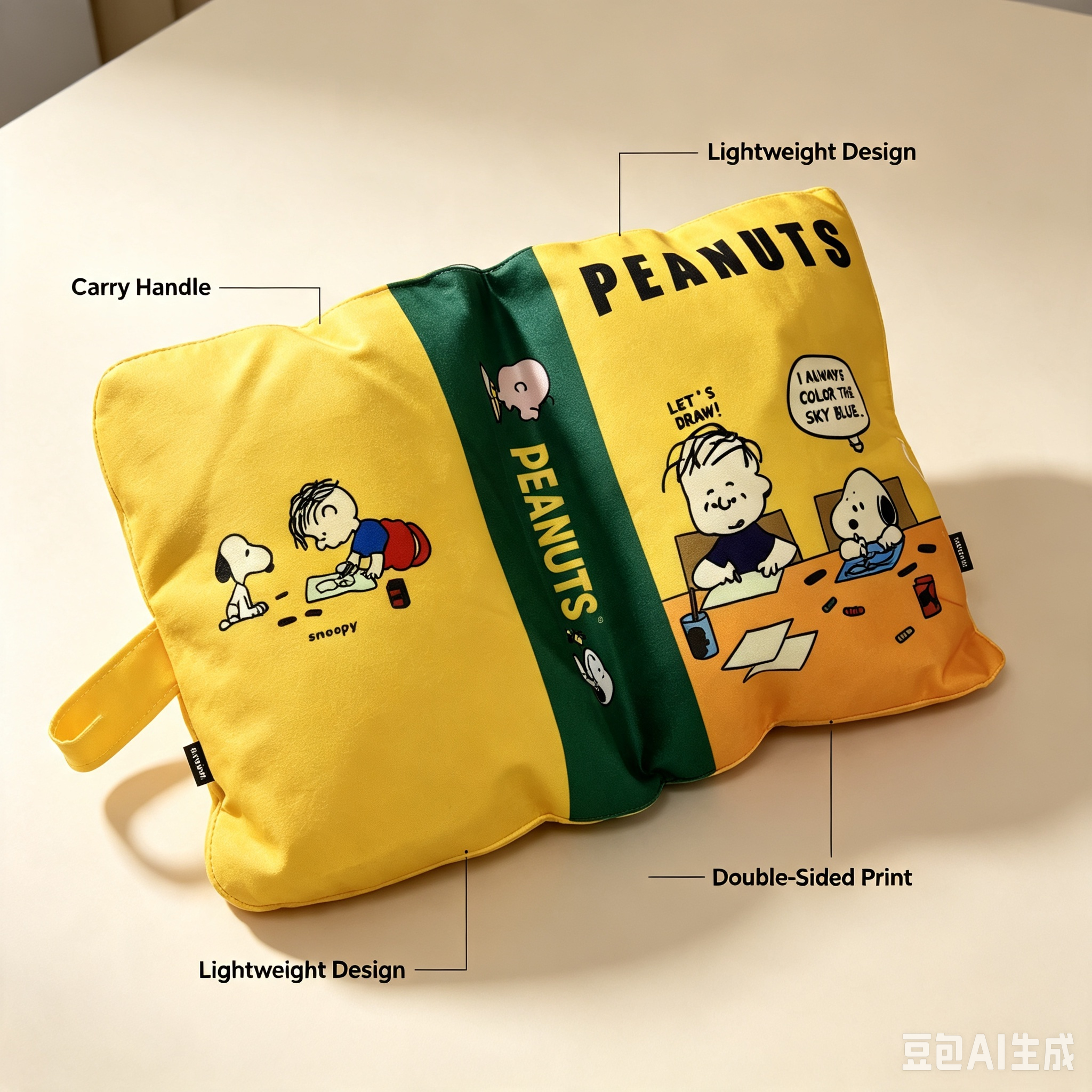 PEANUTS Portable Travel Pillow – Yellow Cartoon Print Soft Nap Pillow with Carry Handle