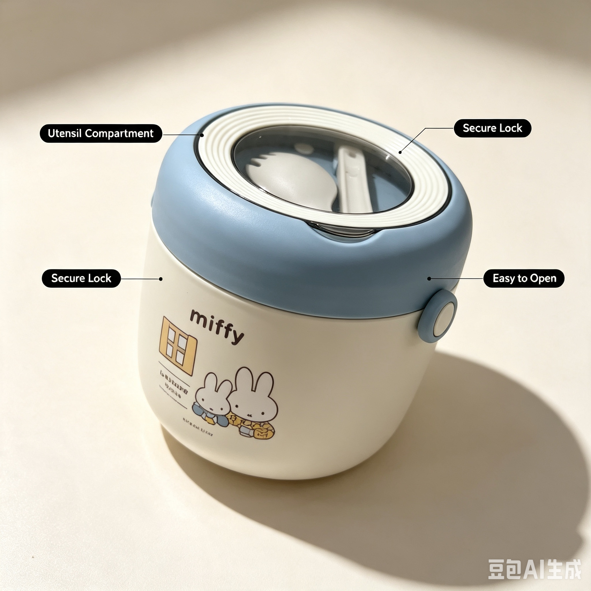 Miffy Round Lunch Box – Blue White Portable Bento Box with Built-In Utensil