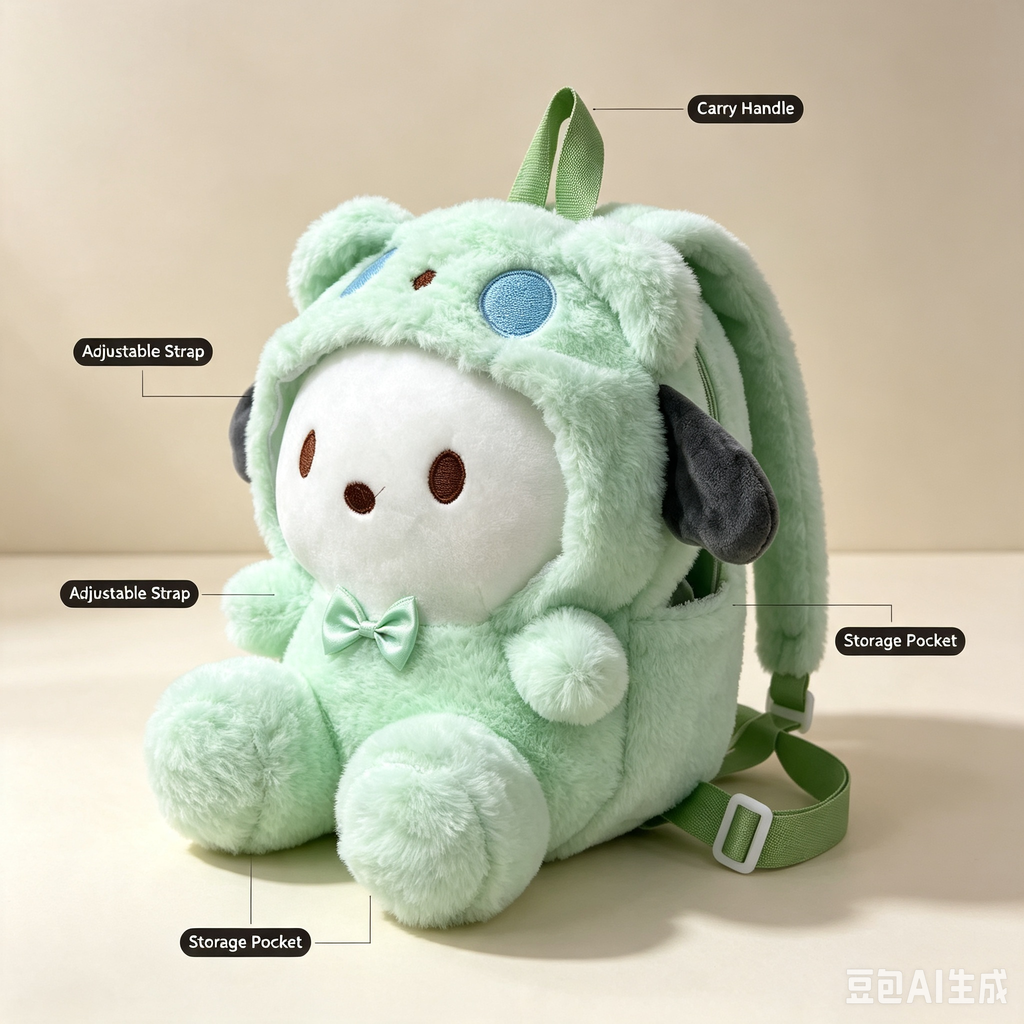 Green Character Plush Backpack – Cute Soft Fluffy Doll Bag for Kids & Daily Use