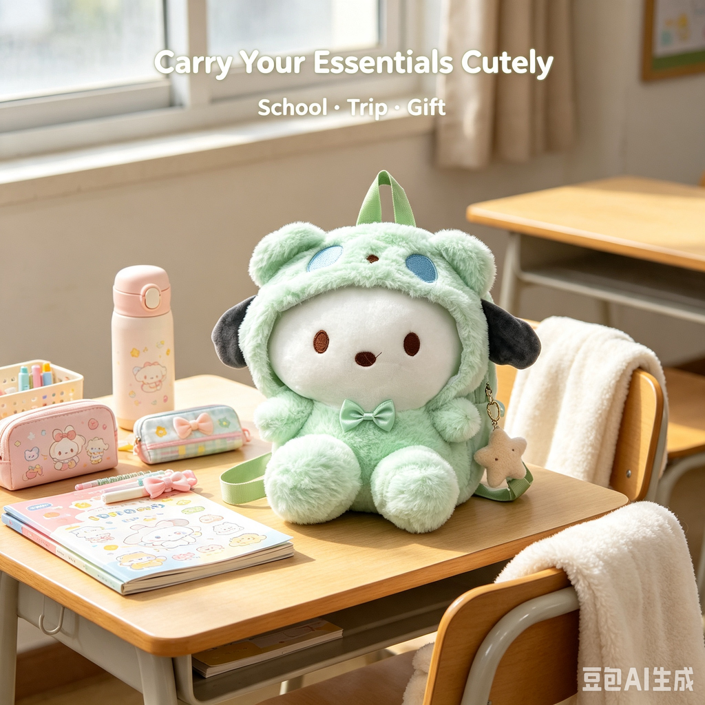 Green Character Plush Backpack – Cute Soft Fluffy Doll Bag for Kids & Daily Use