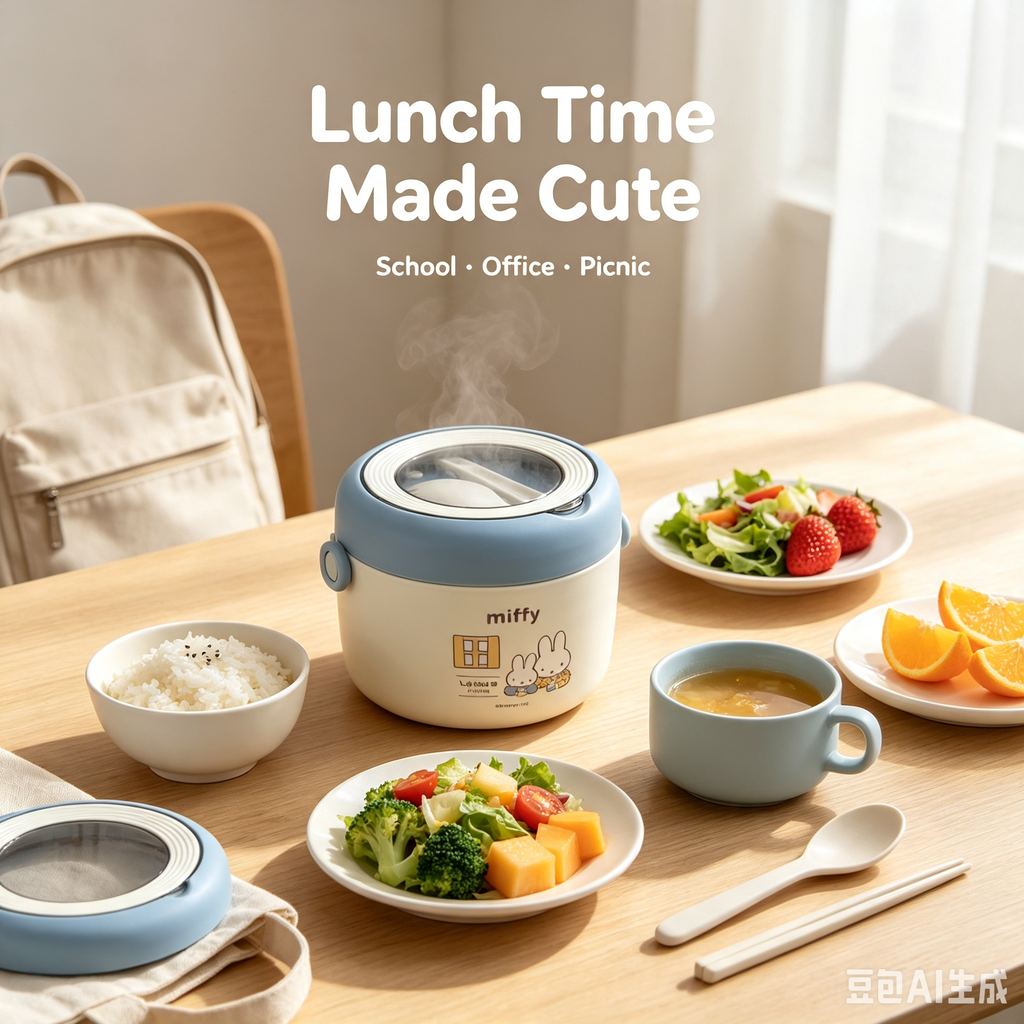 Miffy Round Lunch Box – Blue White Portable Bento Box with Built-In Utensil