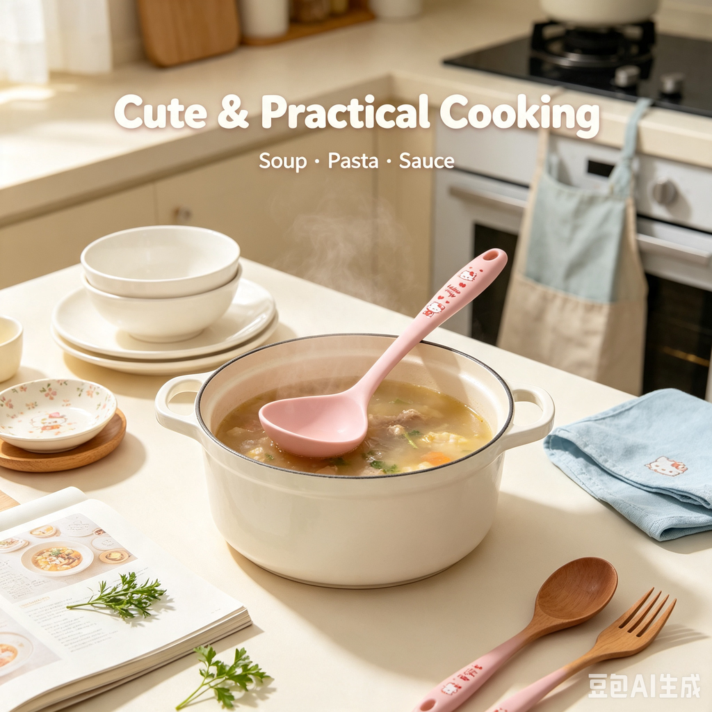 Cute Cartoon Silicone Soup Ladle – Pink Heat-Resistant Kitchen Spoon