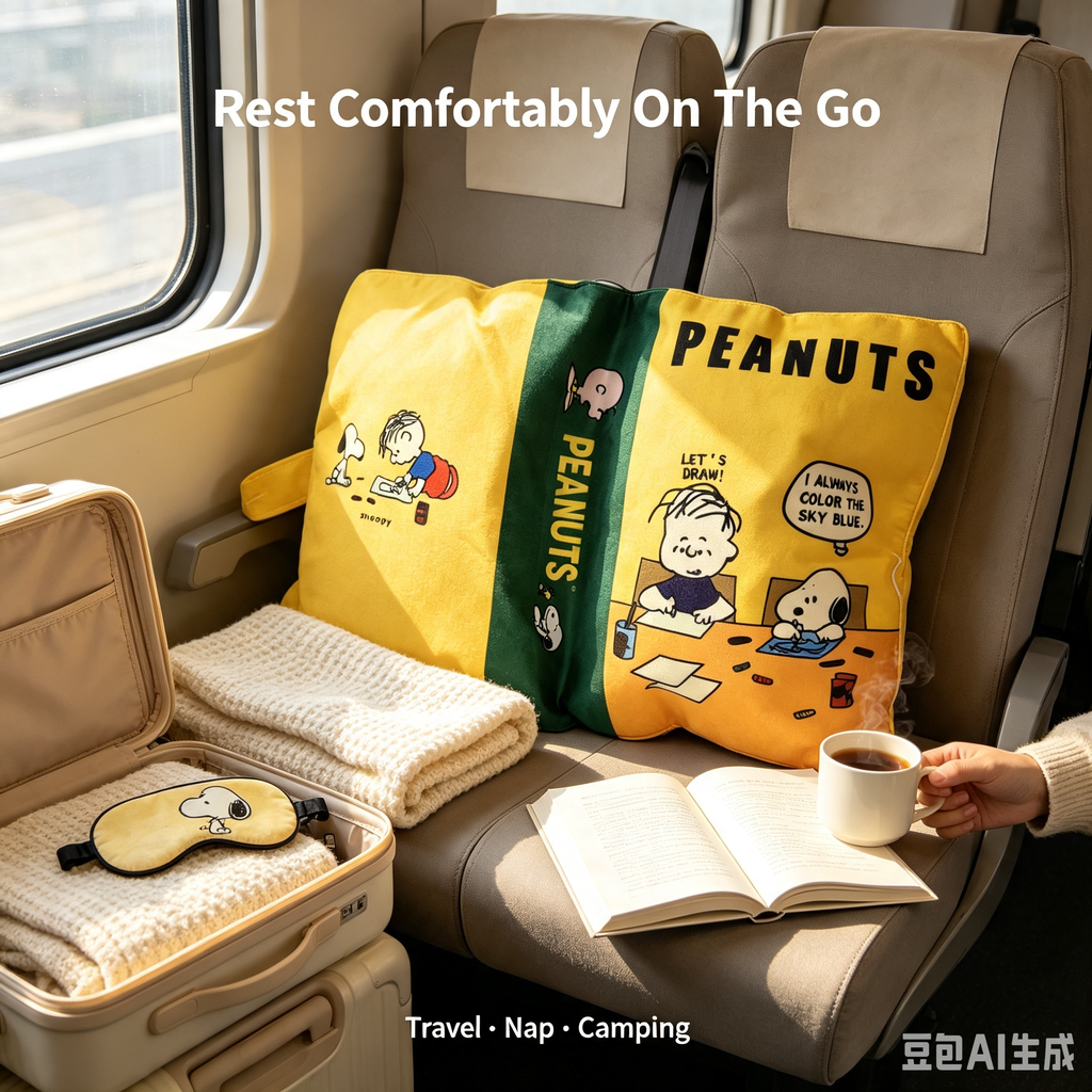 PEANUTS Portable Travel Pillow – Yellow Cartoon Print Soft Nap Pillow with Carry Handle