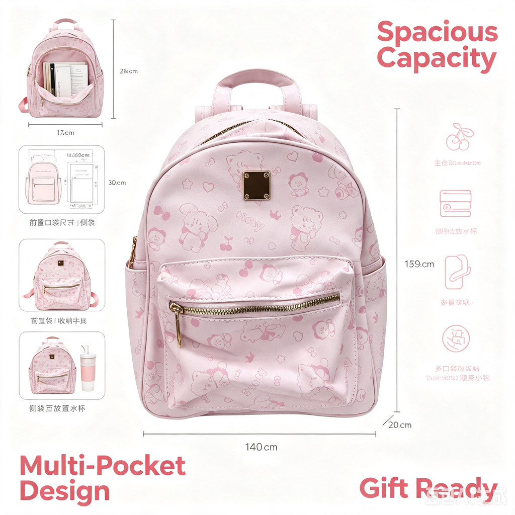 Pink Cartoon Backpack – Cute Character Print School Backpack for Students