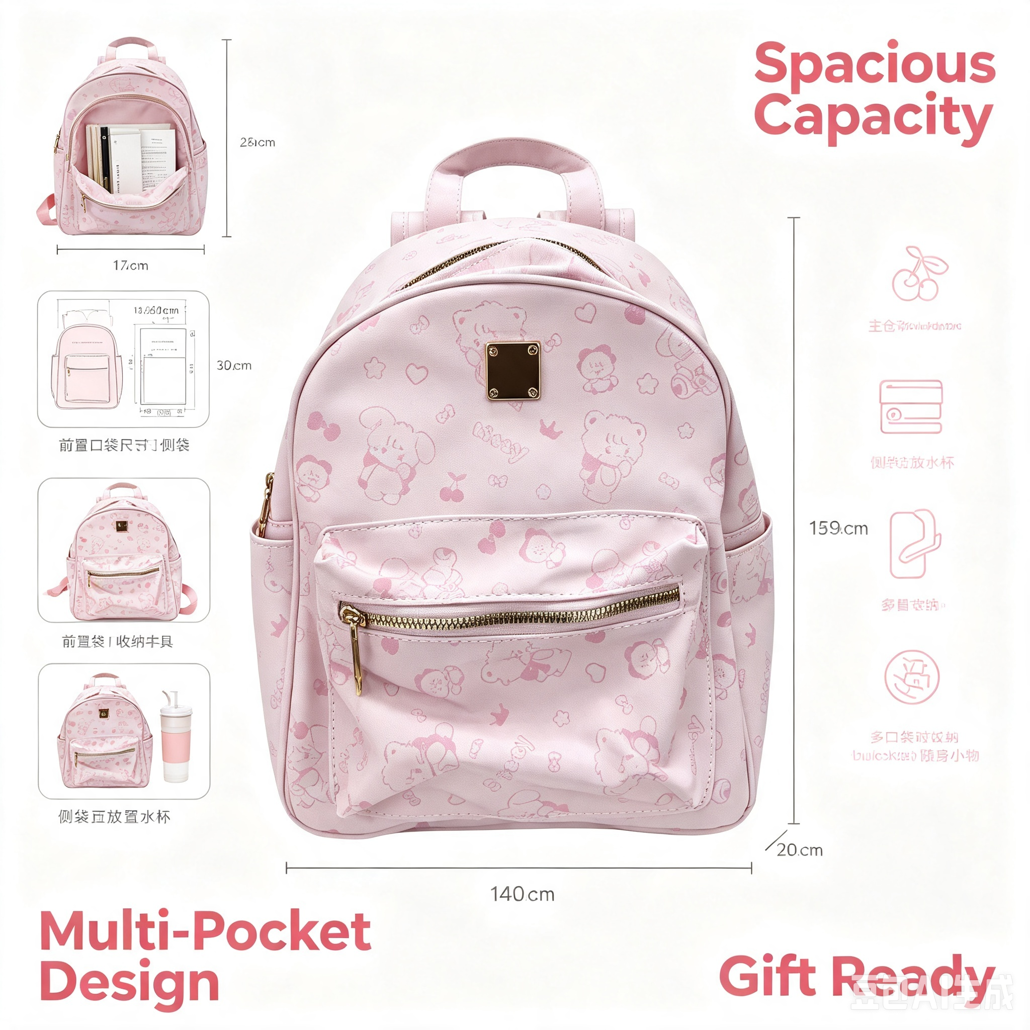 Pink Cartoon Backpack – Cute Character Print School Backpack for Students