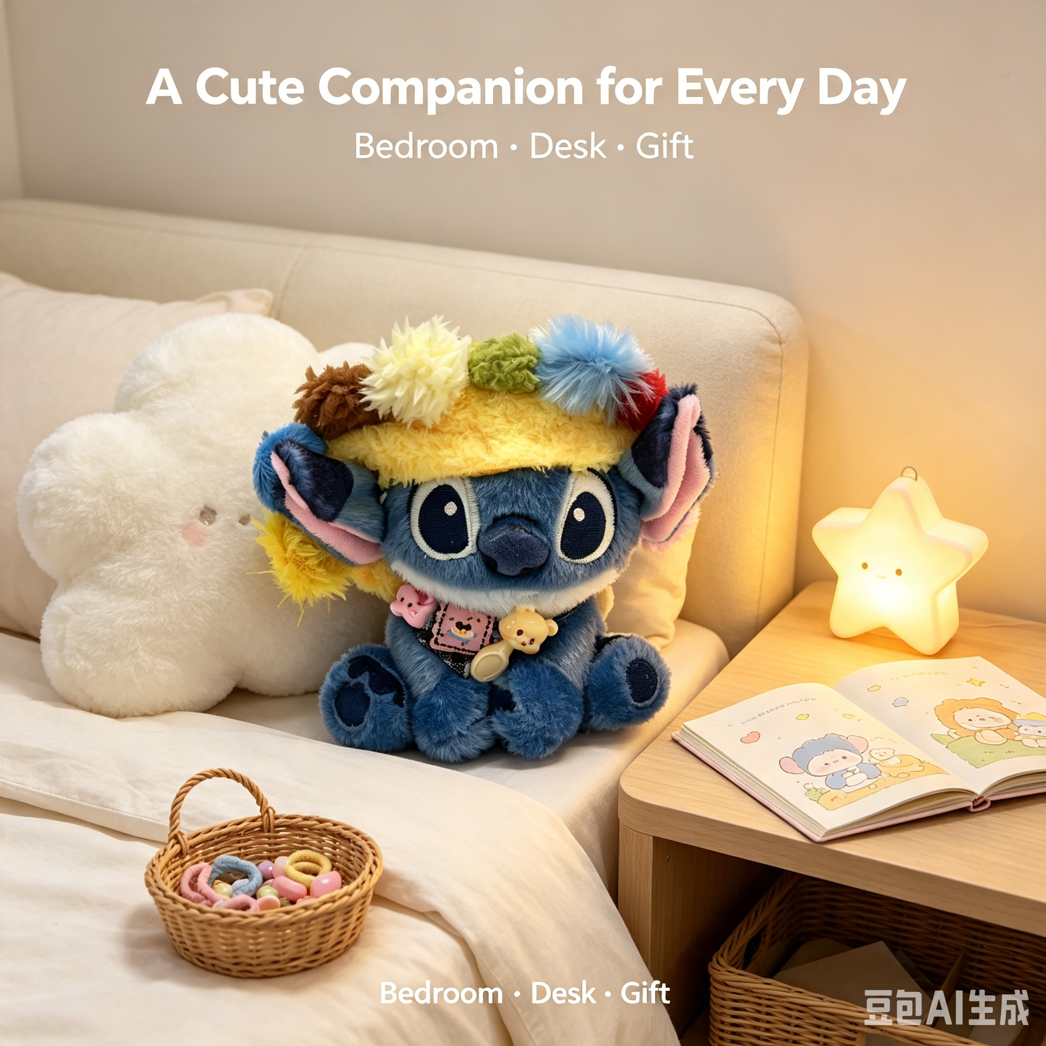 Cute Blue Character Plush Toy – Soft Fluffy Stuffed Doll with Flower Hat