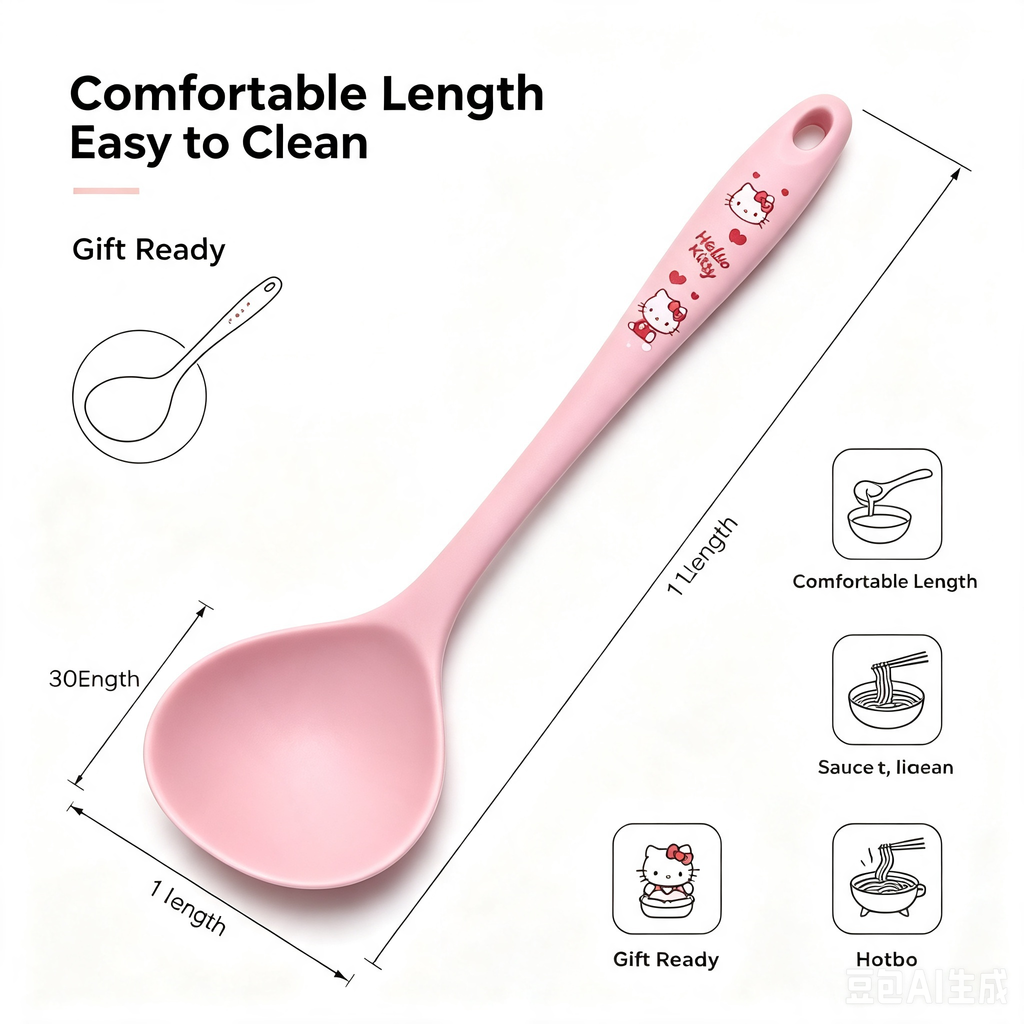 Cute Cartoon Silicone Soup Ladle – Pink Heat-Resistant Kitchen Spoon