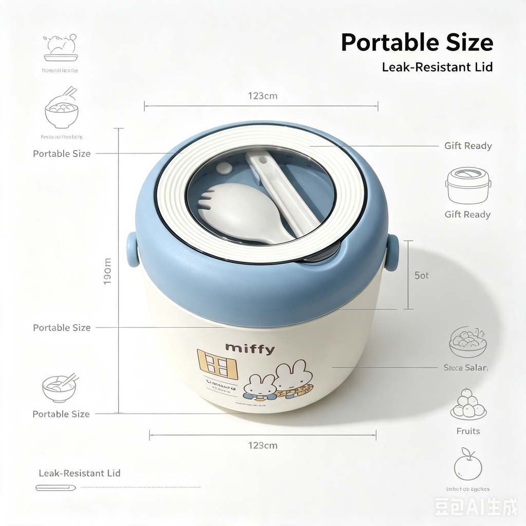 Miffy Round Lunch Box – Blue White Portable Bento Box with Built-In Utensil