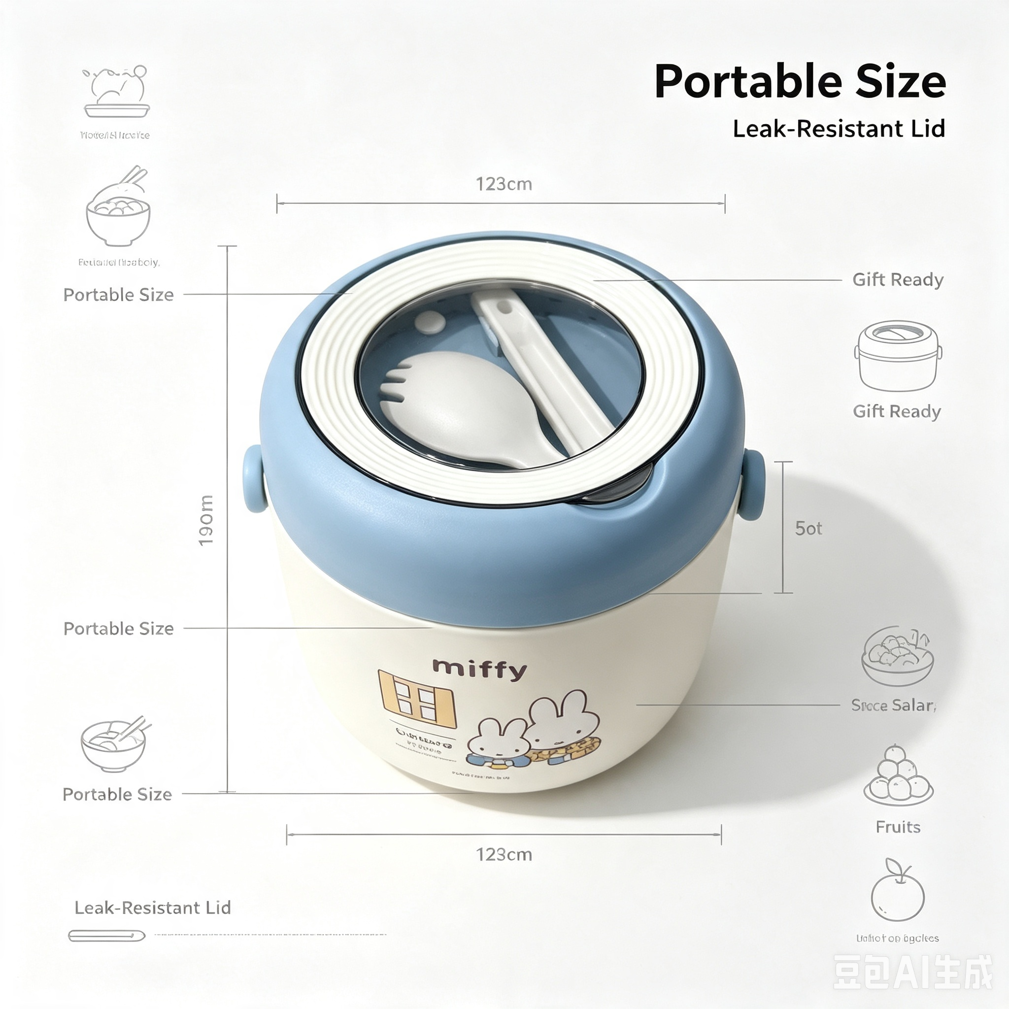 Miffy Round Lunch Box – Blue White Portable Bento Box with Built-In Utensil