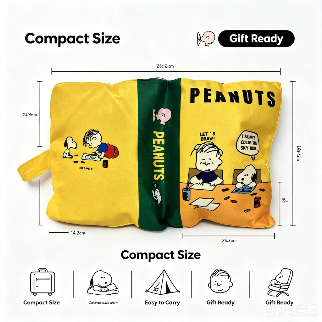 PEANUTS Portable Travel Pillow – Yellow Cartoon Print Soft Nap Pillow with Carry Handle