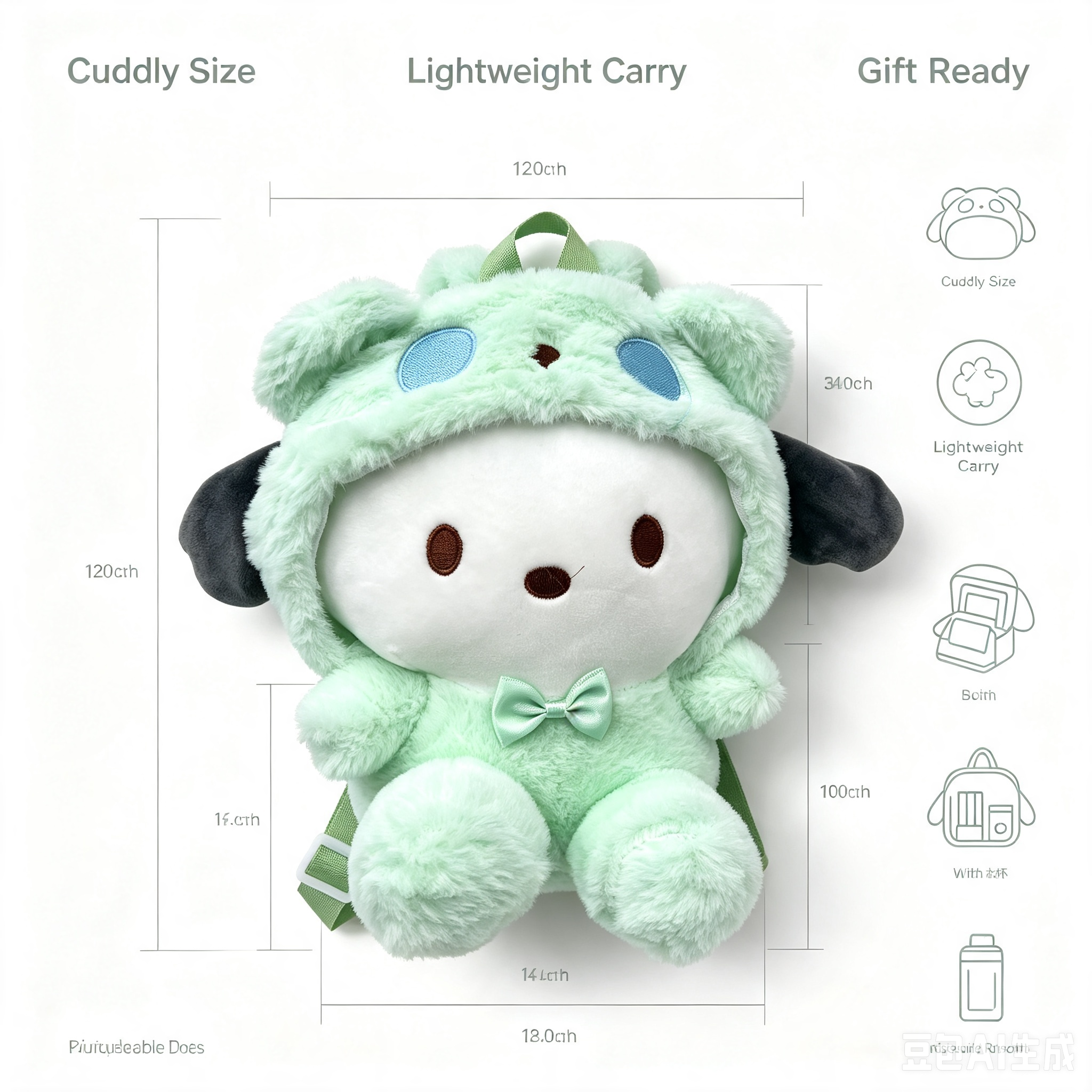 Green Character Plush Backpack – Cute Soft Fluffy Doll Bag for Kids & Daily Use