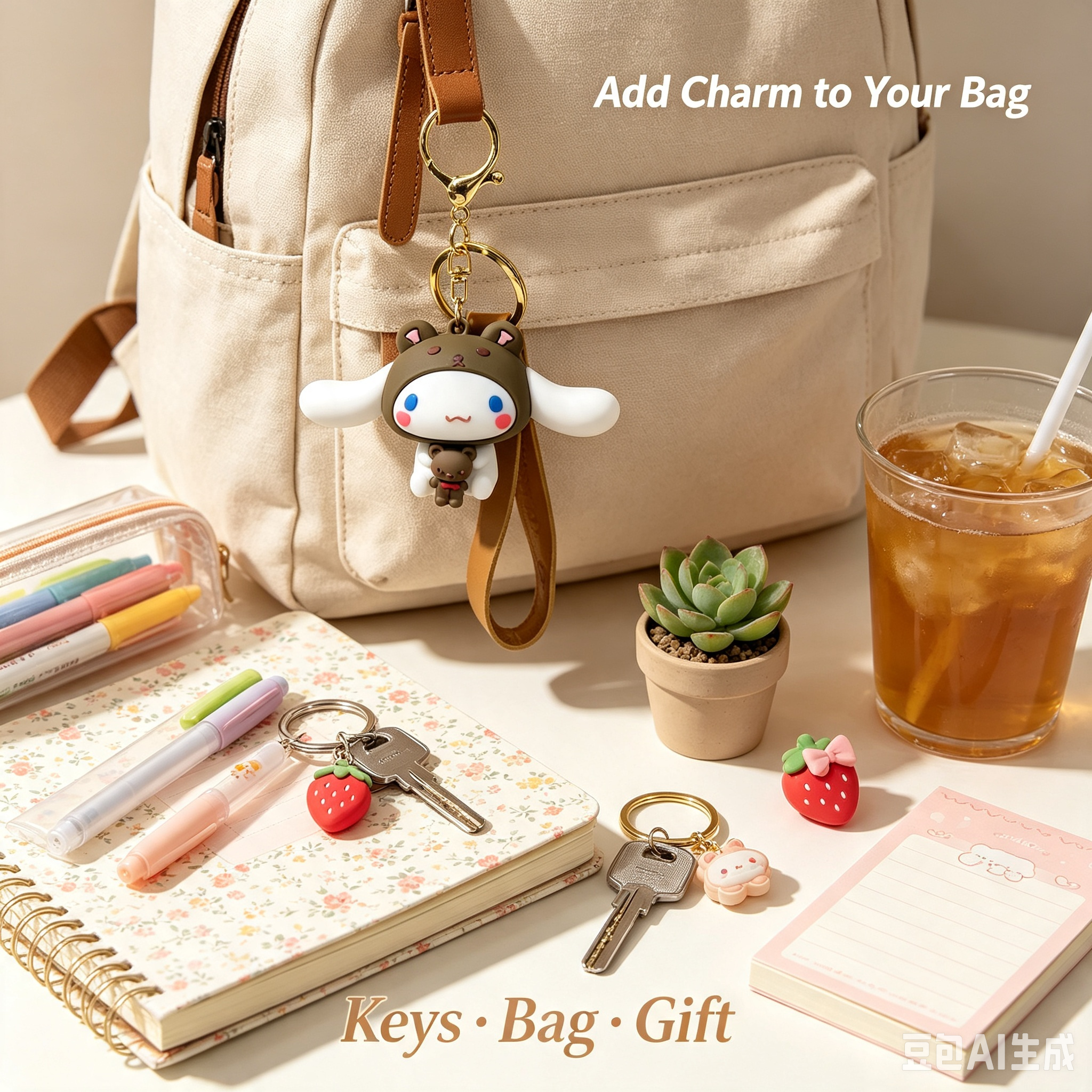 Cute Cartoon Keychain – Brown Character Charm Key Holder with Strap