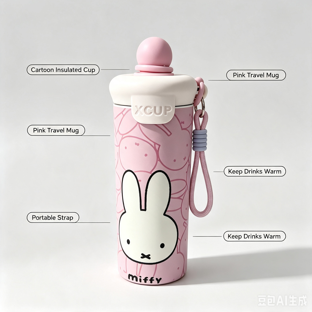Cartoon Insulated Cup – Pink Rabbit Design Portable Travel Mug with Strap