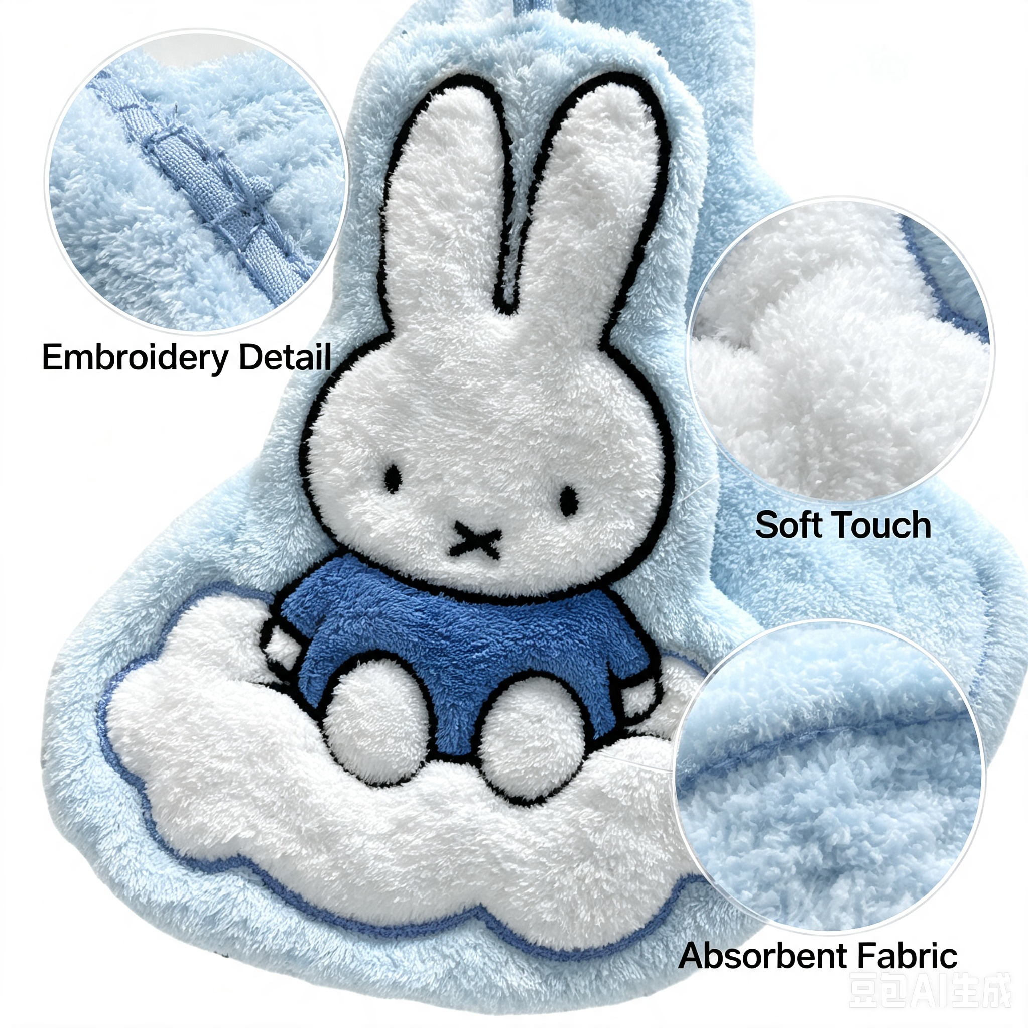 Miffy Rabbit Hanging Hand Towel, Cute Cloud Shaped Absorbent Towel for Bathroom Kitchen