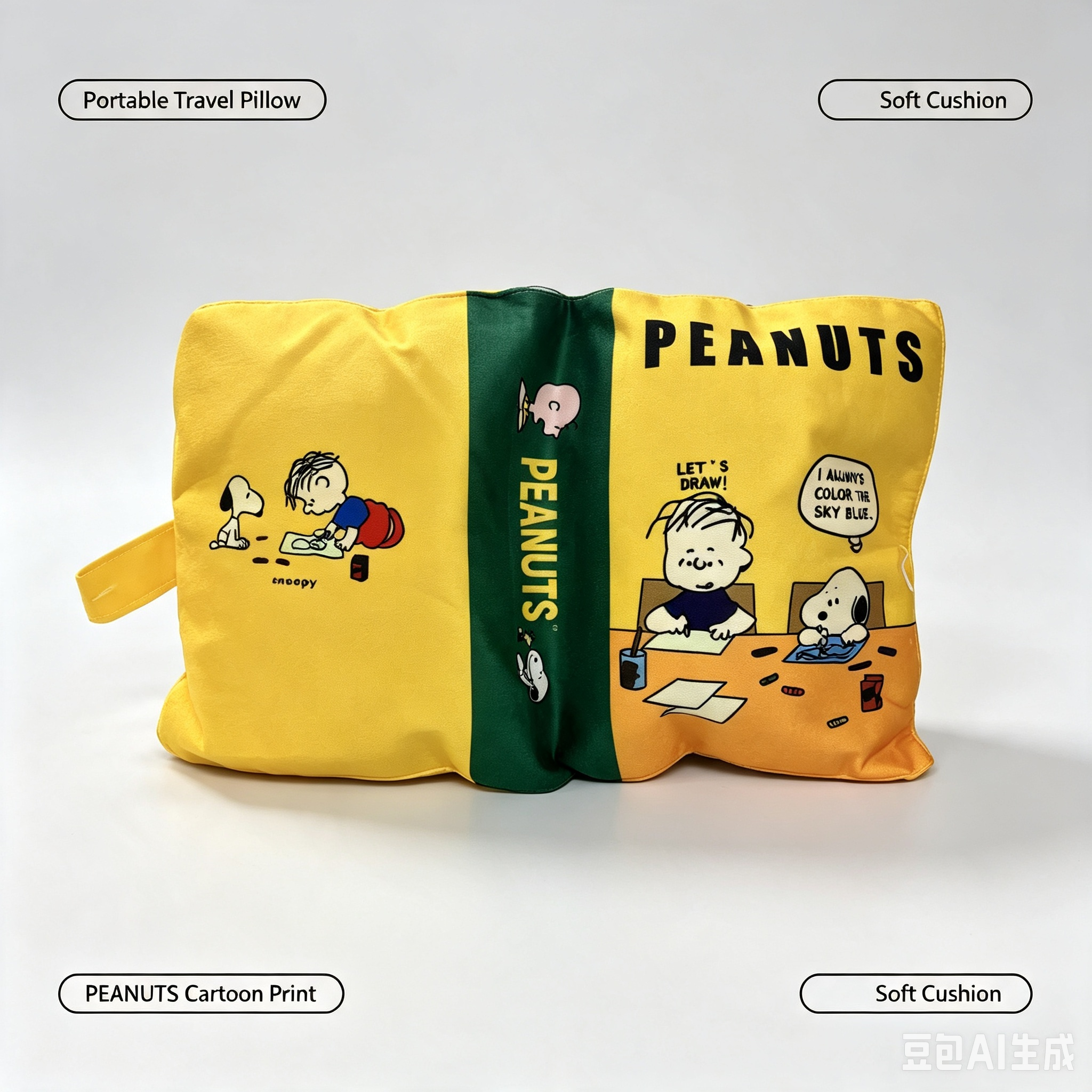 PEANUTS Portable Travel Pillow – Yellow Cartoon Print Soft Nap Pillow with Carry Handle
