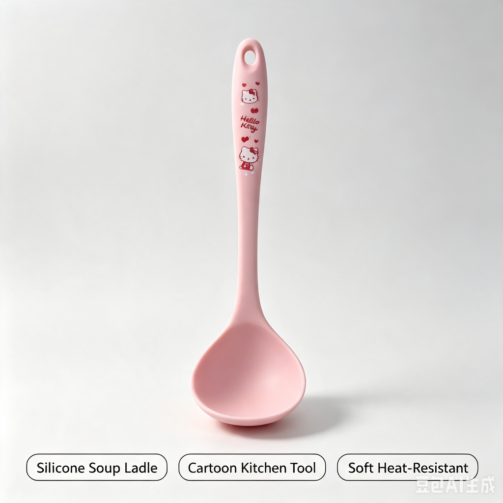 Cute Cartoon Silicone Soup Ladle – Pink Heat-Resistant Kitchen Spoon
