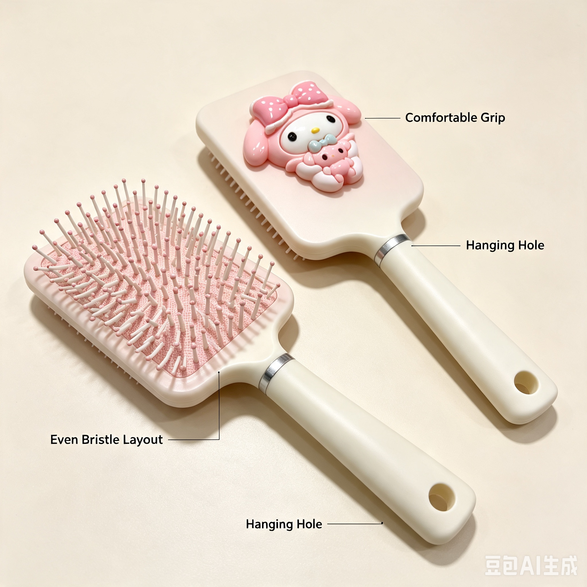 Cute Cartoon Hair Brush – Pink White Character Comb with Soft Bristles