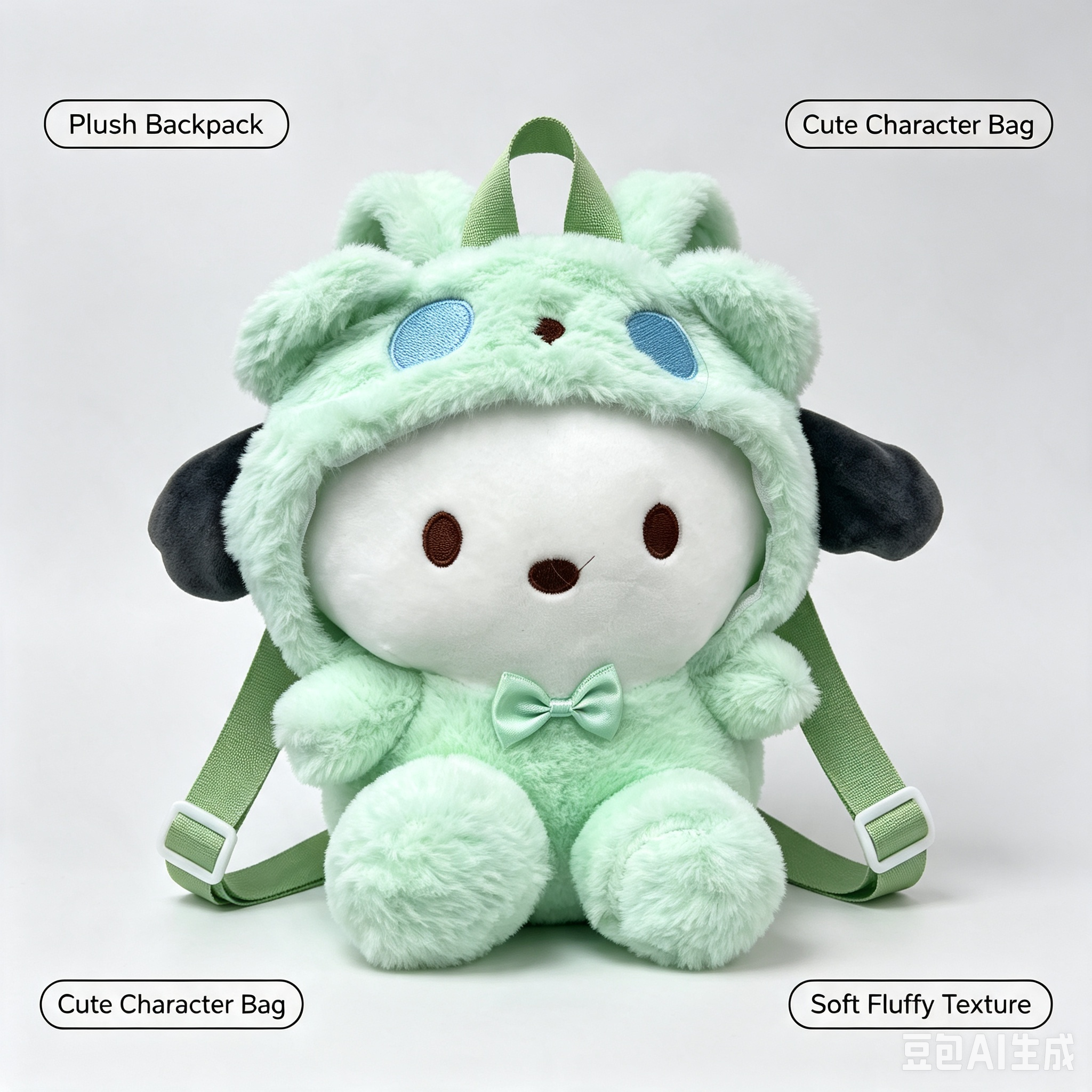 Green Character Plush Backpack – Cute Soft Fluffy Doll Bag for Kids & Daily Use