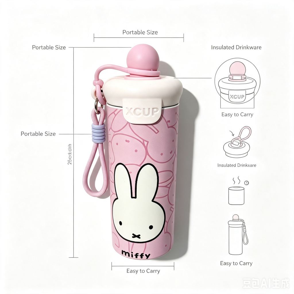 Cartoon Insulated Cup – Pink Rabbit Design Portable Travel Mug with Strap