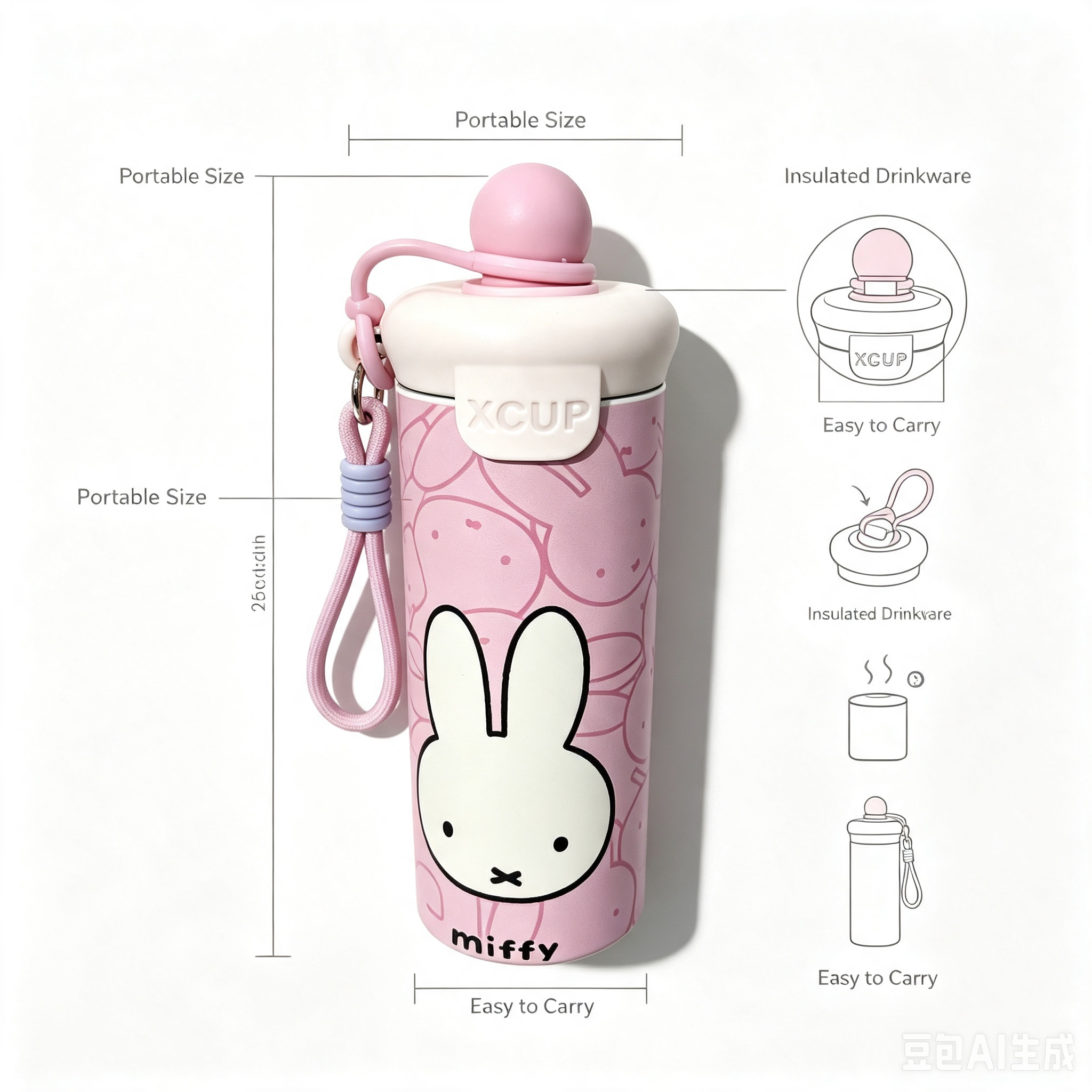Cartoon Insulated Cup – Pink Rabbit Design Portable Travel Mug with Strap