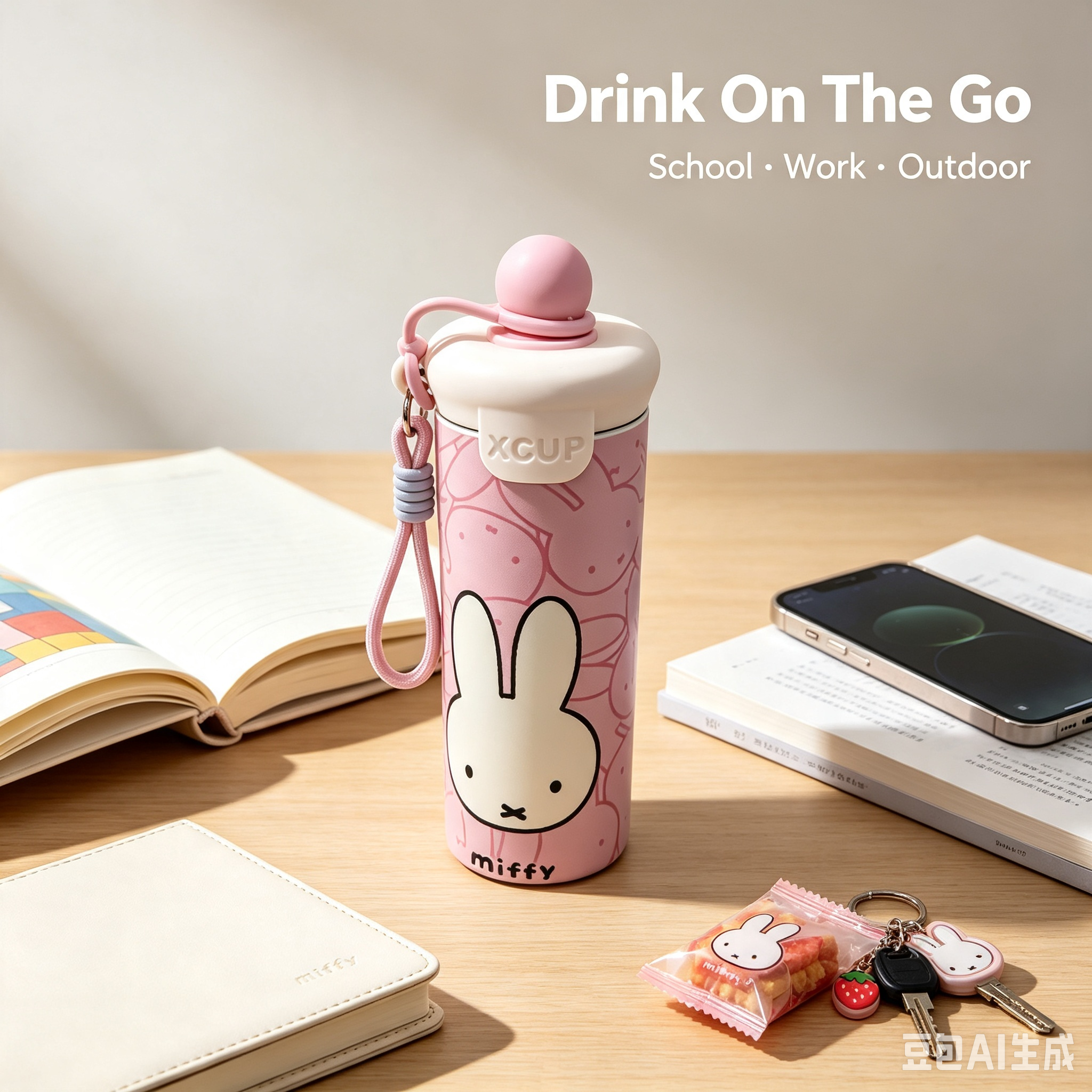 Cartoon Insulated Cup – Pink Rabbit Design Portable Travel Mug with Strap
