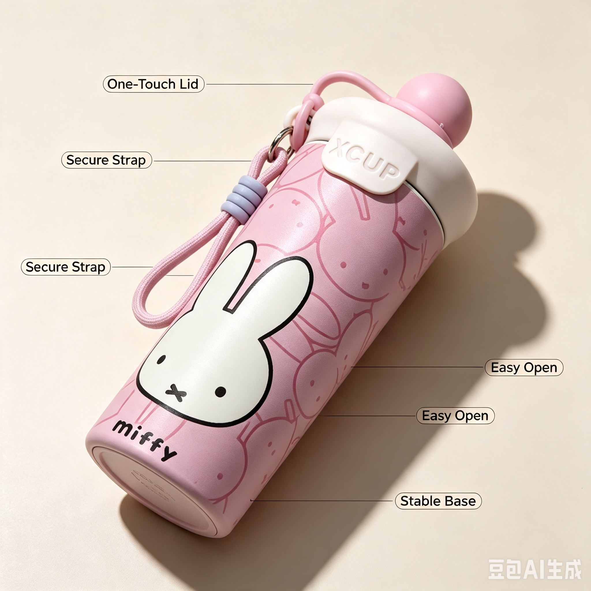 Cartoon Insulated Cup – Pink Rabbit Design Portable Travel Mug with Strap